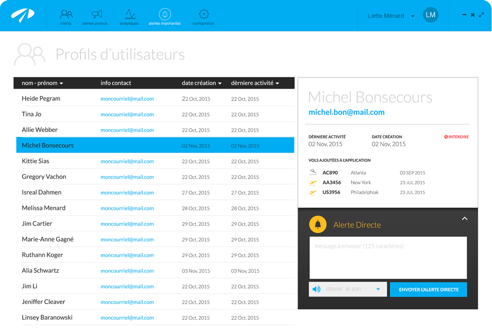 Desktop CMS showing a passenger profile, saved flights, and direct-alert controls