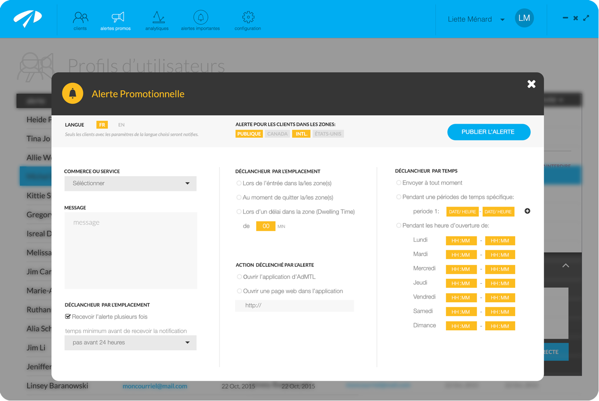 Desktop CMS dialog for configuring a localized promotional alert by airport zone, location event, schedule, action, and repeat delay