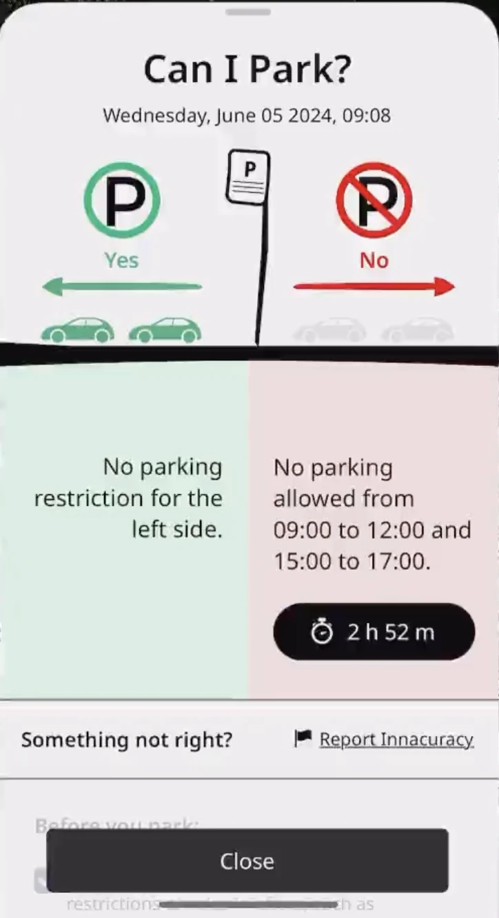 Parky.AI result showing parking allowed to the left and prohibited to the right, with explanations for both directions