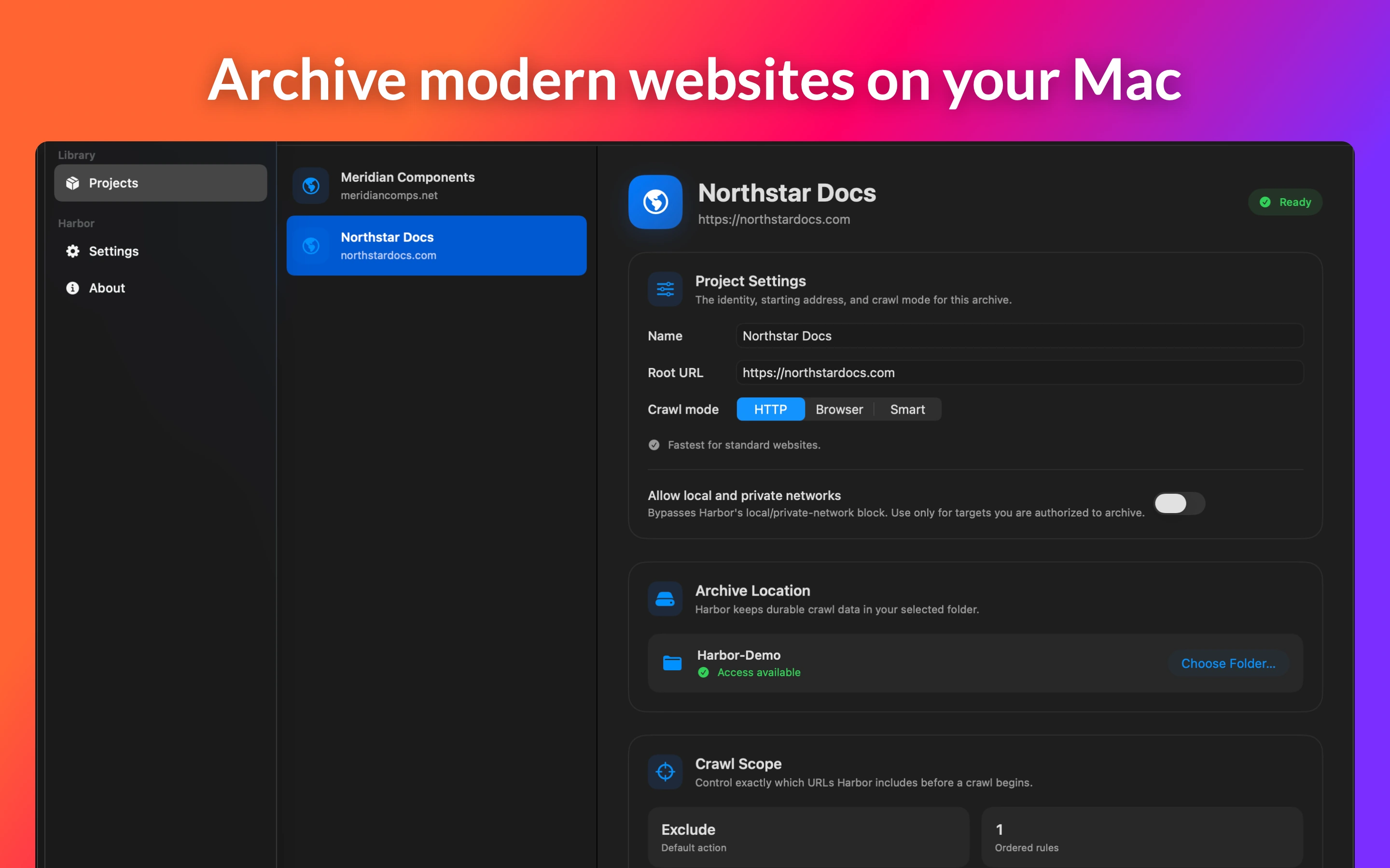 Harbor project settings showing HTTP, Browser, and Smart crawl modes on macOS