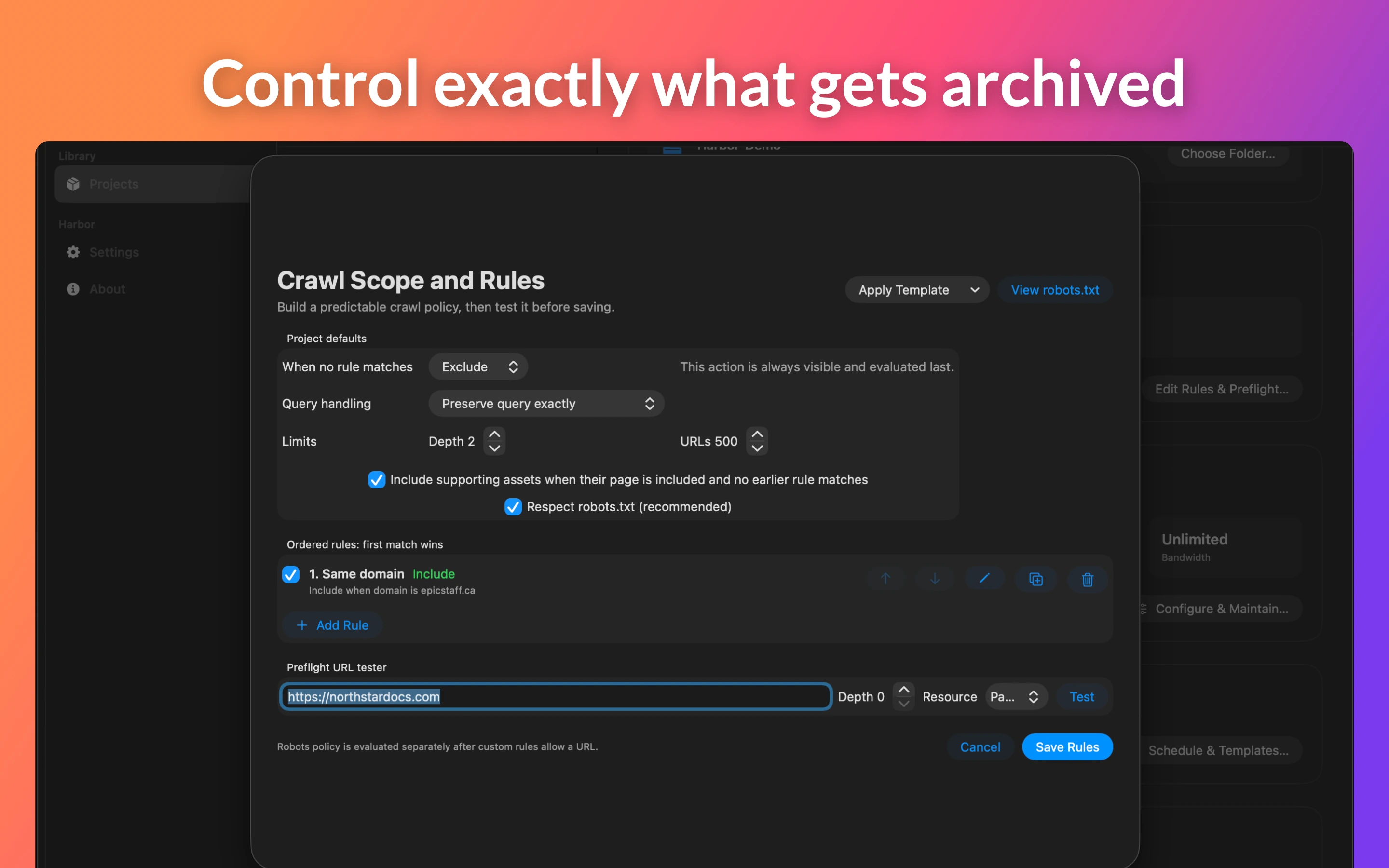 Harbor Crawl Scope and Rules editor with ordered rules and a preflight URL tester