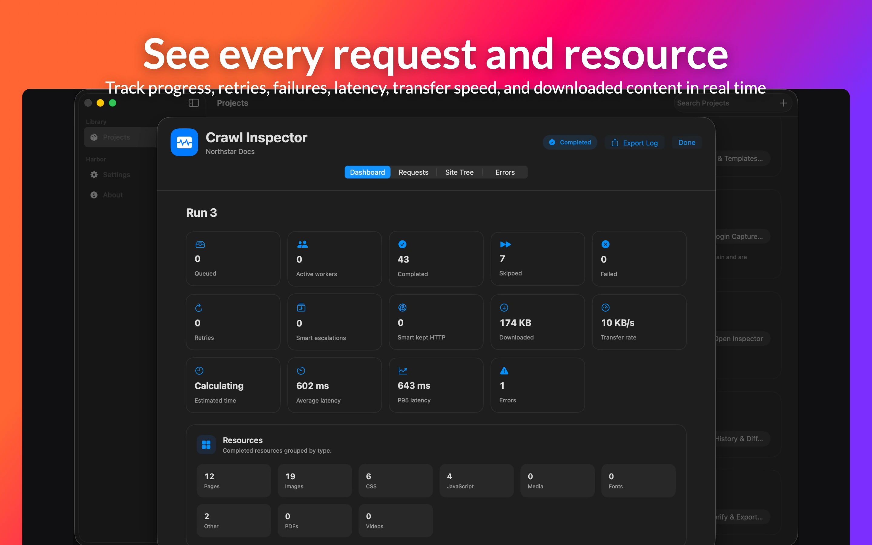 Harbor Crawl Inspector dashboard showing completed resources, latency, transfer rate, and errors