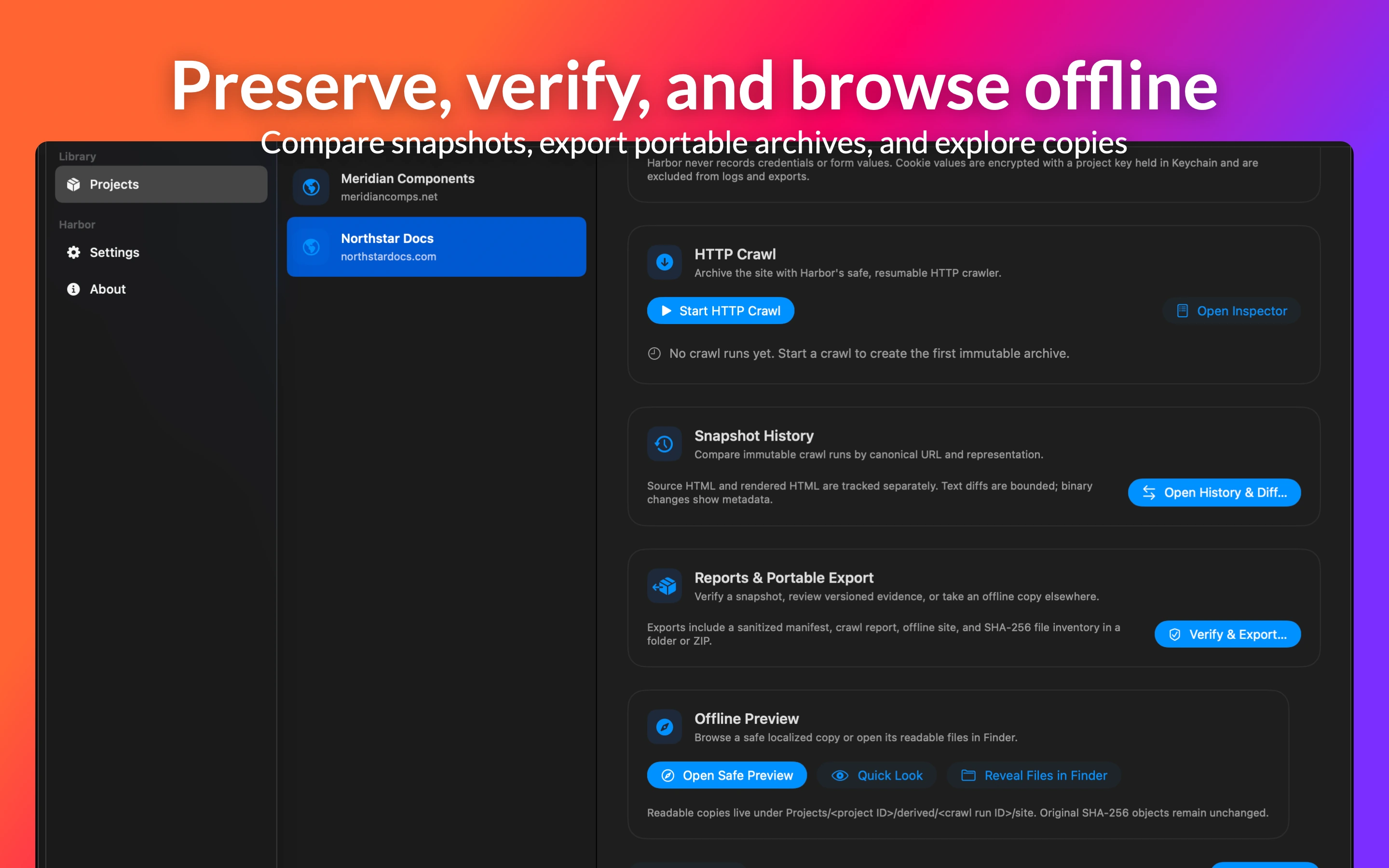 Harbor archive dashboard with snapshot history, verification, portable export, and offline preview controls