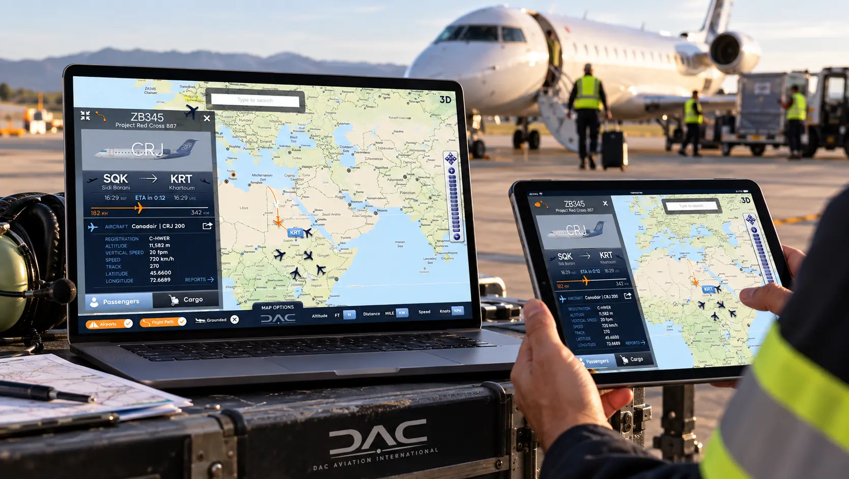 DAC Aviation operations software on a laptop and iPad beside an aircraft on the ramp