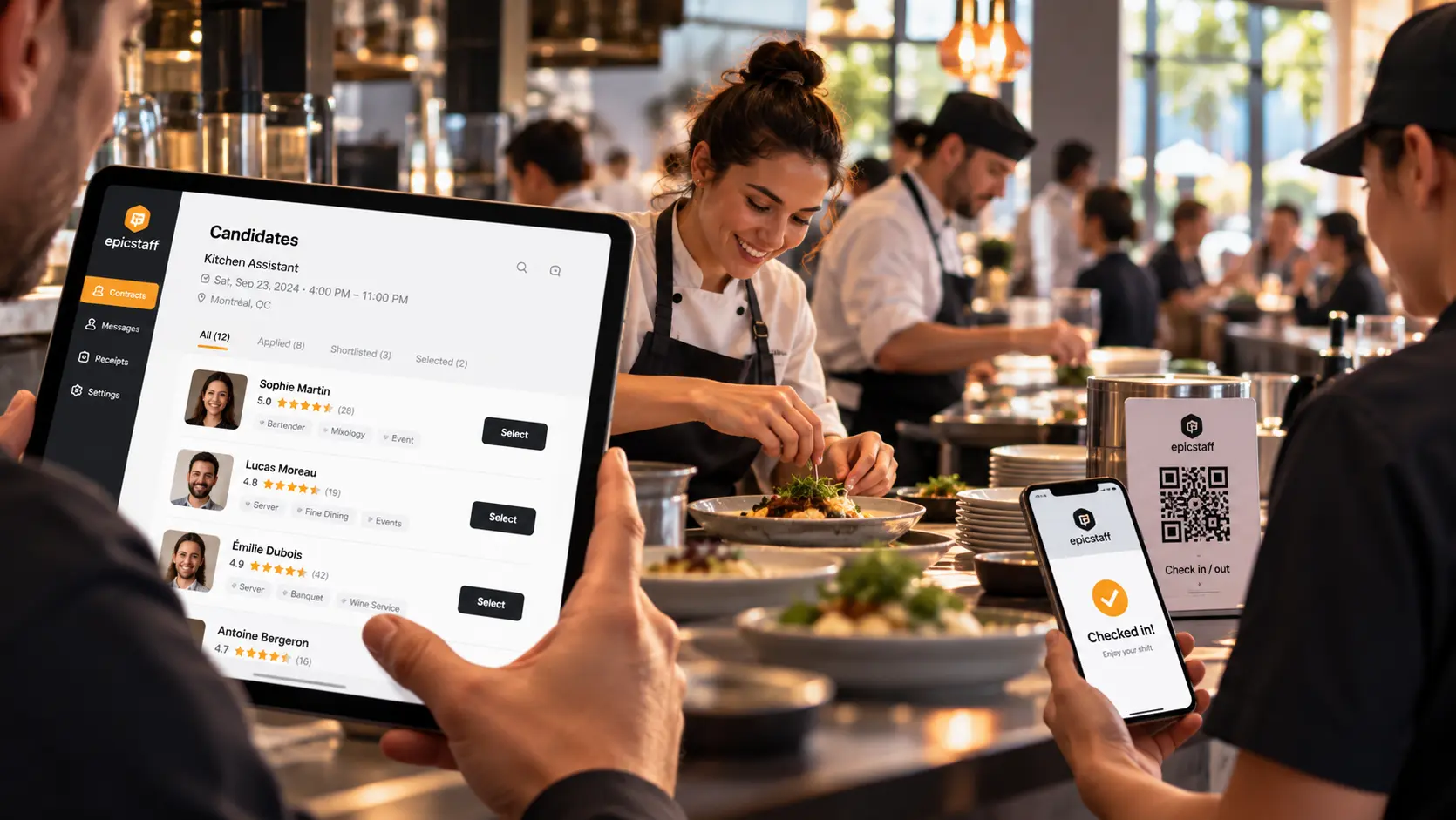 EpicStaff: restaurant staff at work, candidate selection and worker check-in