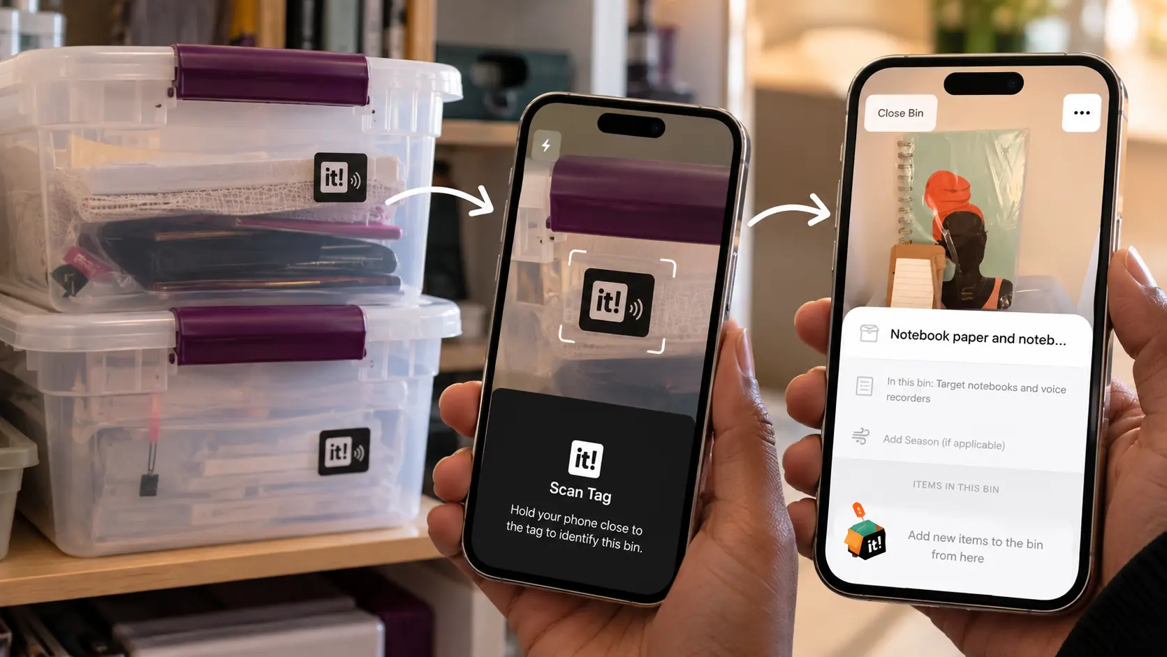 Organize-it!: tagged storage bin, tag scan and digital inventory