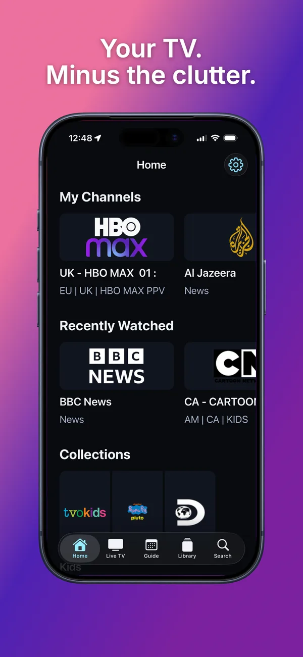 Telly on iPhone showing My Channels, Recently Watched and Collections