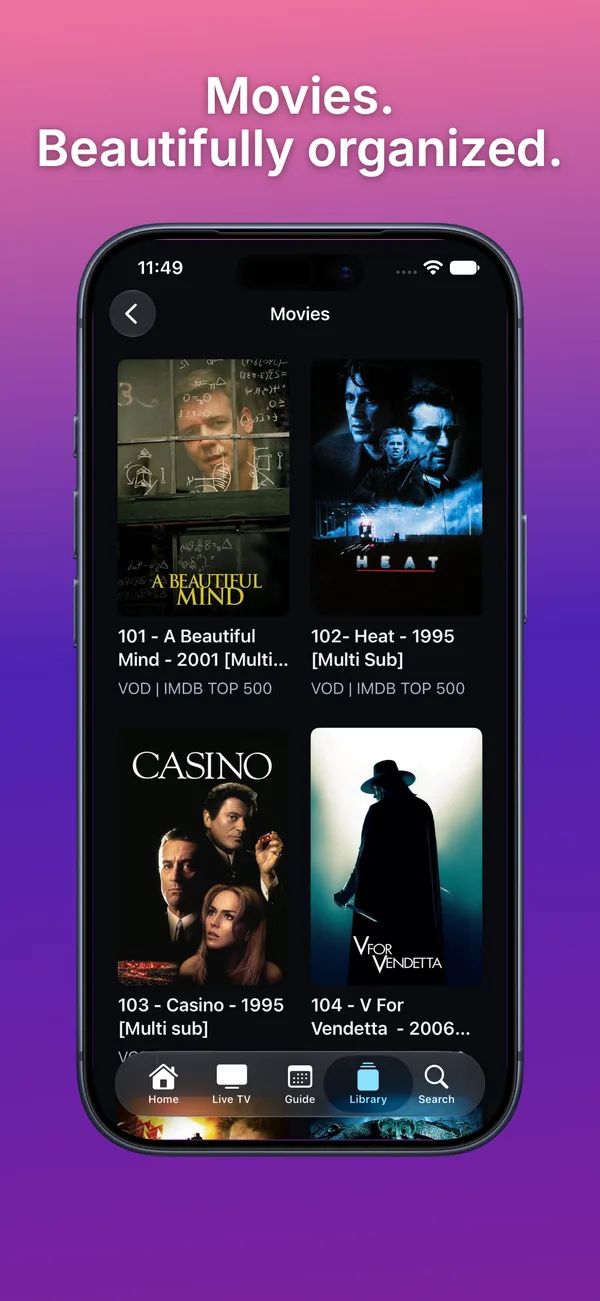 Telly on iPhone showing the Movies library in a poster grid