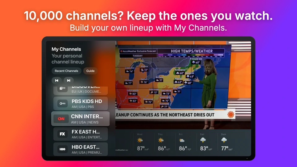 Telly on Apple TV showing the My Channels quick switcher during live playback